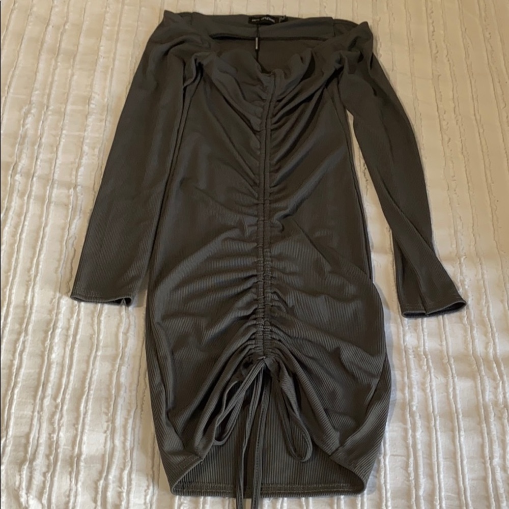 Charcoal Grey Ruched Long Sleeve Bodycon Dress